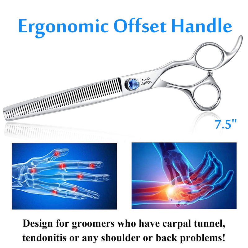JASON 7.5" 56 Teeth Blending Dogs Grooming Scissors Cats Thinning Shears Pets Blender Thinner Trimming Texturizing Kit with Offset Handle Blue Jewelled Screw 7.5"