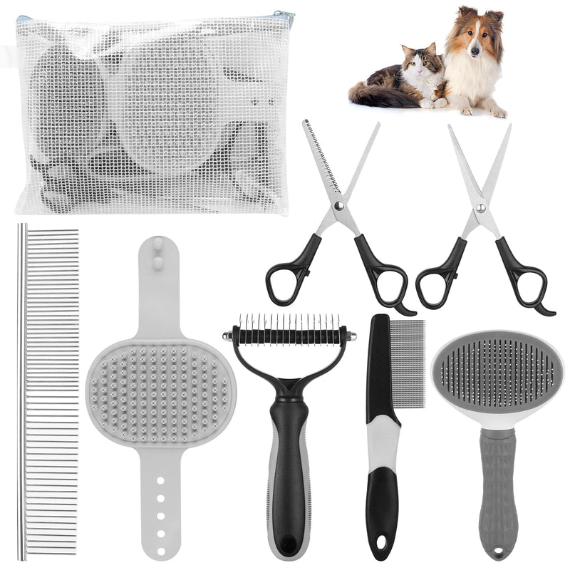 Pet Grooming Kit – Shedding Slicker Brush & Bath Massage Tool for Dogs, Cats, Puppies & Rabbits | Gentle, Easy-Clean Design for Healthy Coats & Relaxing Grooming 8 PCS Gray - PawsPlanet Australia