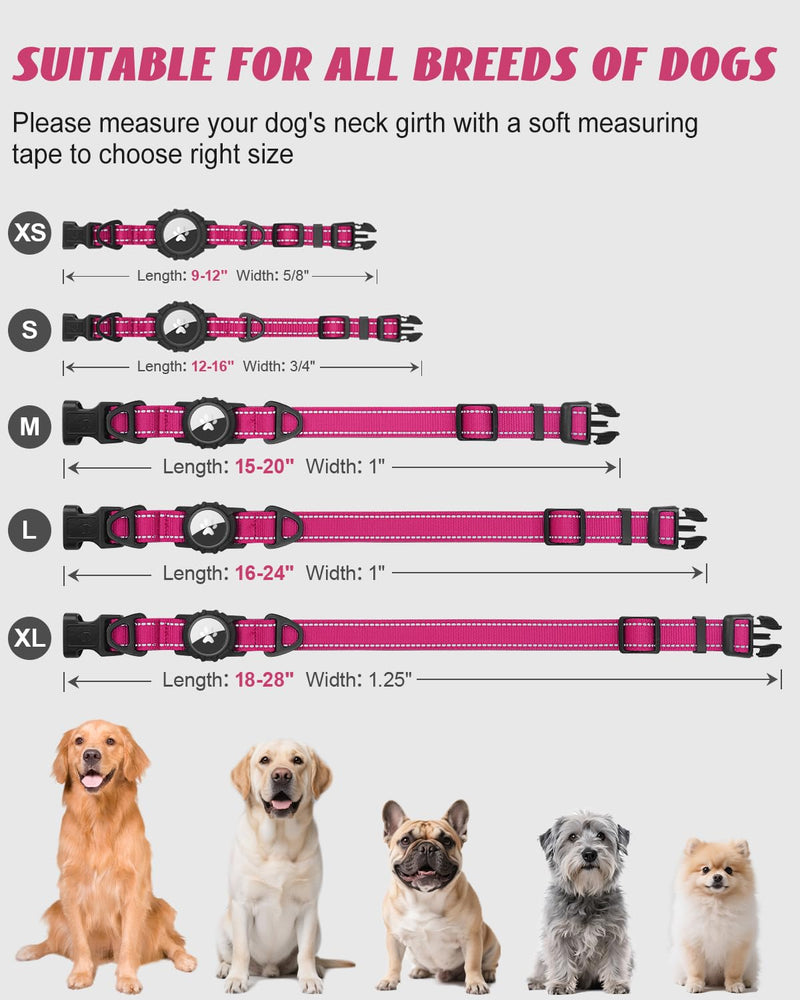 Joytale Airtag Dog Collar, Reflective Pet Collar with Waterproof AirTag Holder, Dual D-Rings, Soft Padded Adjustable for Extra Small and Puppy Dogs, Hotpink, XS X-Small(9"-12") - PawsPlanet Australia