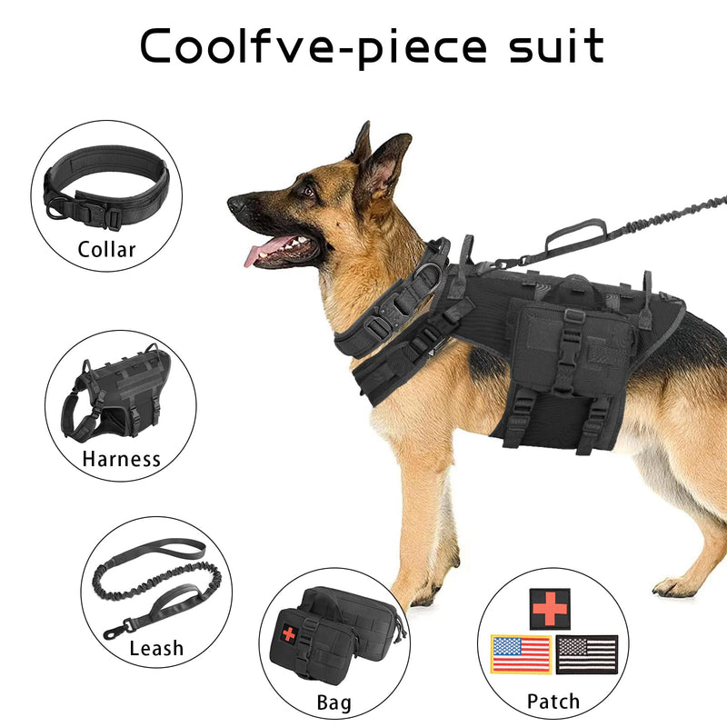 Tactical Dog Vest Harness and Training Dog Collar with Bungee Dog Leash Set No Pull Military Dog Harness with 2 Detachable and 1 Water Bottle Pouches for Outdoor Training Service, Black L - PawsPlanet Australia