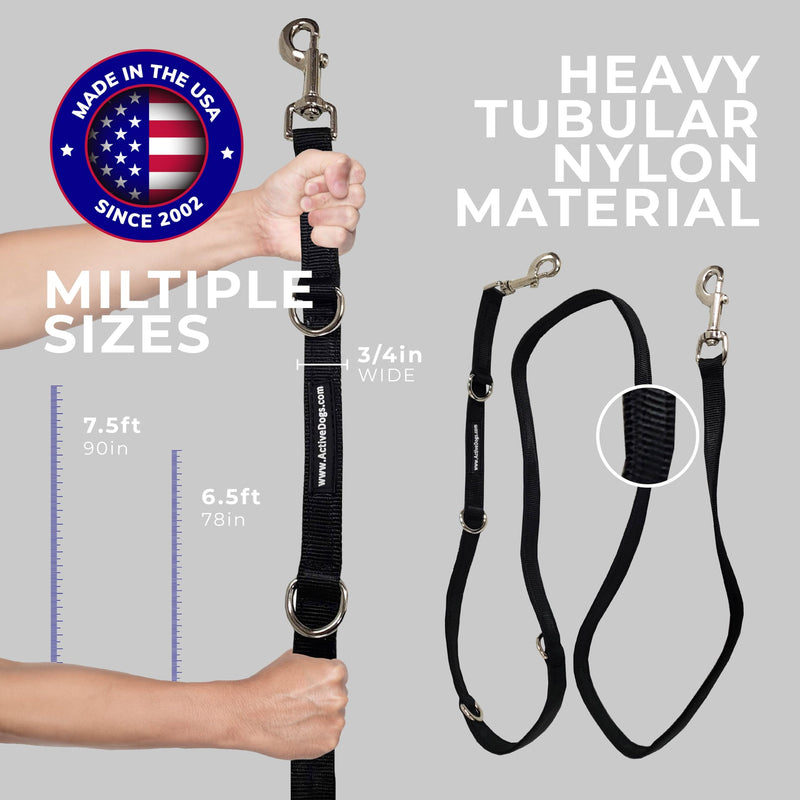 ActiveDogs Hands Free Dog Leash – Adjustable 4-Point Crossbody Hands Free Leash for Mobility & Training – Waist Belt for Dog Walking - Durable 3/4" Double-Stitched Nylon, Black, 6.5ft 6.5'