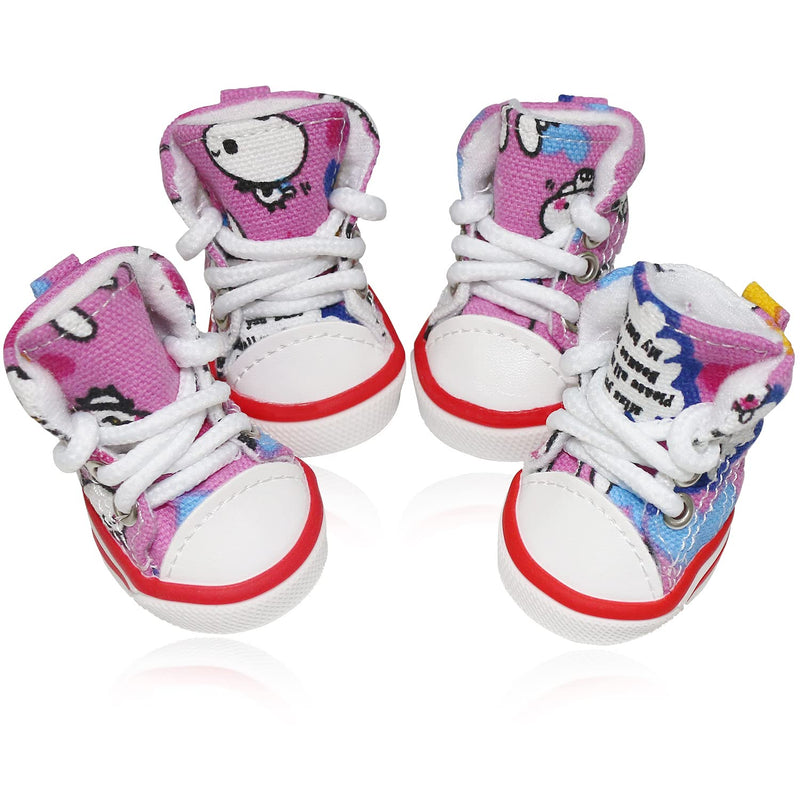 Pet Dog Shoes, BESUNTEK 4Pcs Puppy Canvas Sport Sneaker Boots for Outdoor Walking and Sports, Non-Slip Paw Protective Cover with Graffiti Design for Hot Pavement and Casual(Pink, #2) Pink - PawsPlanet Australia