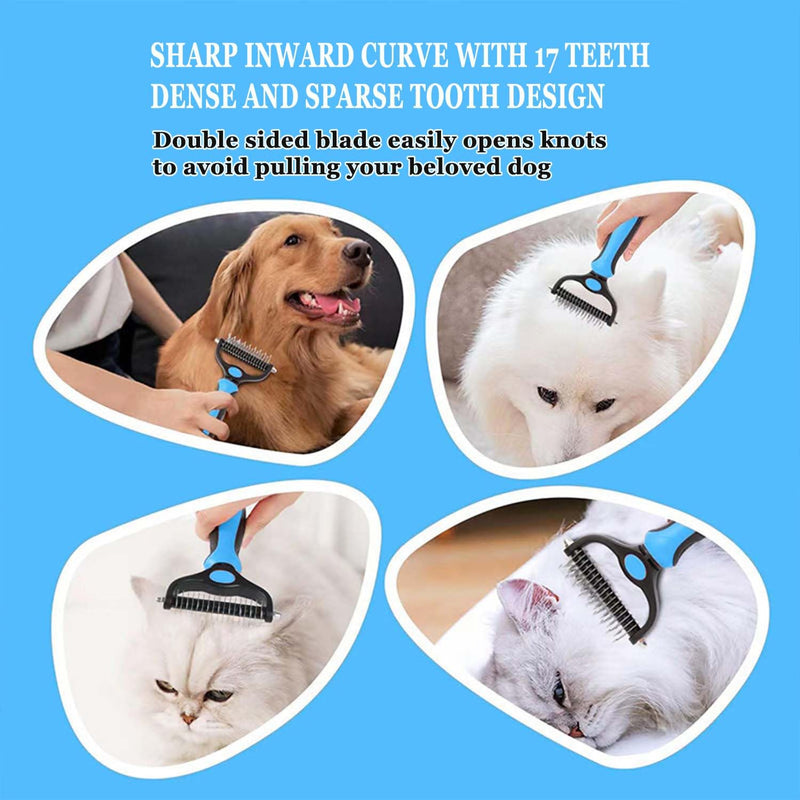 Sided Dematting & Deshedding Comb for Dogs & Cats, Versatile Undercoat Detangler Brush for Shedding, Matted Hair & Fur Remover Tool, Stress-Free Pet Grooming Rake with Ergonomic Handle（2 in 1