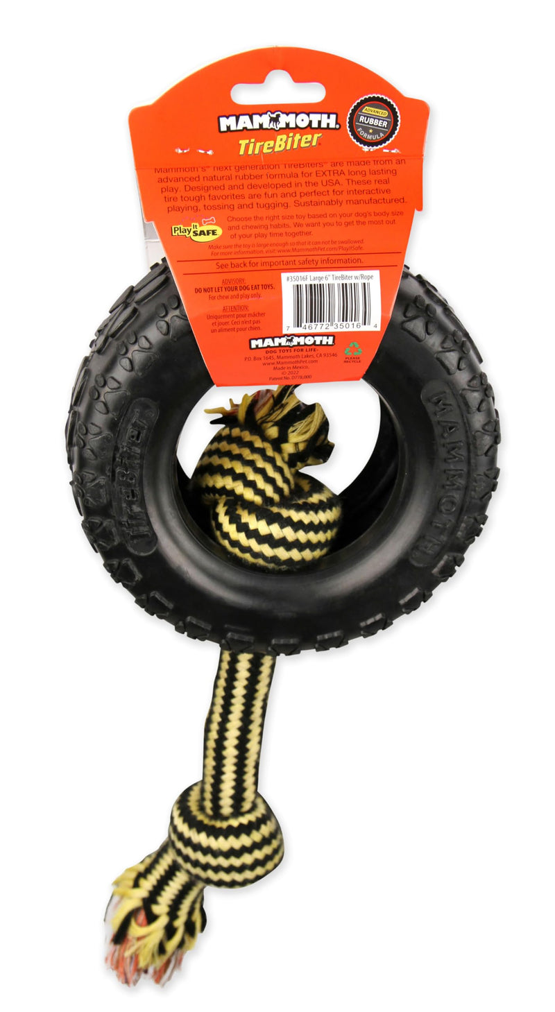 Mammoth TireBiterII with Cotton-Poly Rope – Natural Rubber Dog Toys for Extreme Chewers – Dog Toys for Extra Long Interactive Play – Aggressive Chewer Toys for Medium - Large Dogs - Large 6” Large 6" Tire w/Cotton-Poly Rope - PawsPlanet Australia