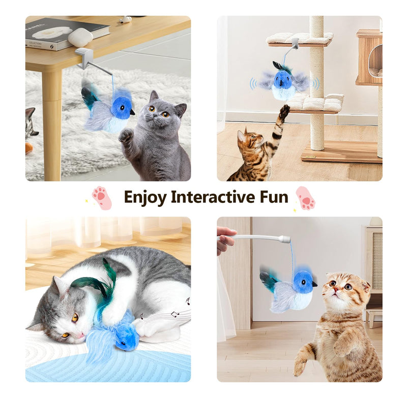 Migipaws Cat Toys,Interactive Lifelike Robin Flying Flapping Bird with Catnip, Feathers Hanging by Elastic String, Automatic Chirping Kitten Toys for Indoor Cats Self Play, Rechargeable(Blue) Lantra(blue)