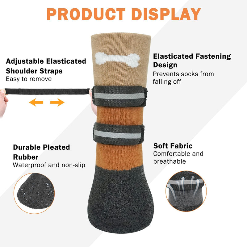 SCENEREAL Anti Slip Dog Socks Boots, Dog Shoes for Hot/Cold Pavement Snow Rain Days, Waterproof Grip Doggy Booties for Hardwood Floor, Winter Paw Protectors for Small Medium Large Senior Old Dogs S(1.94"x1.54")(Paw L*W) Khaki - PawsPlanet Australia