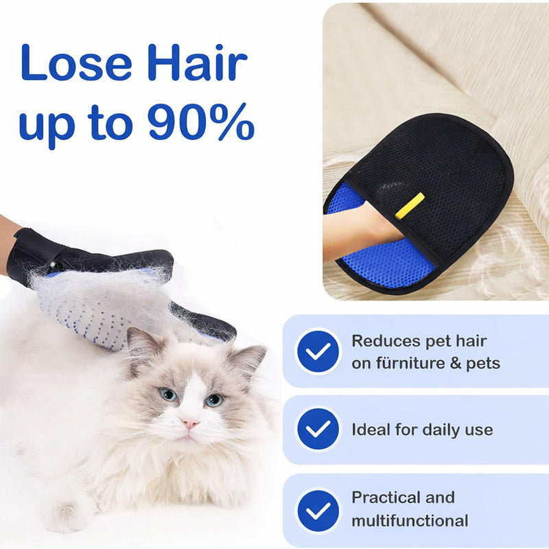 Pet Hair Removal Grooming Gloves Set – Silicone Cat & Dog Deshedding Gloves with Double-Sided Pet Hair Remover, Washable Reusable Anti-Static Grooming Set for Cats Dogs Horses (Blue) - PawsPlanet Australia