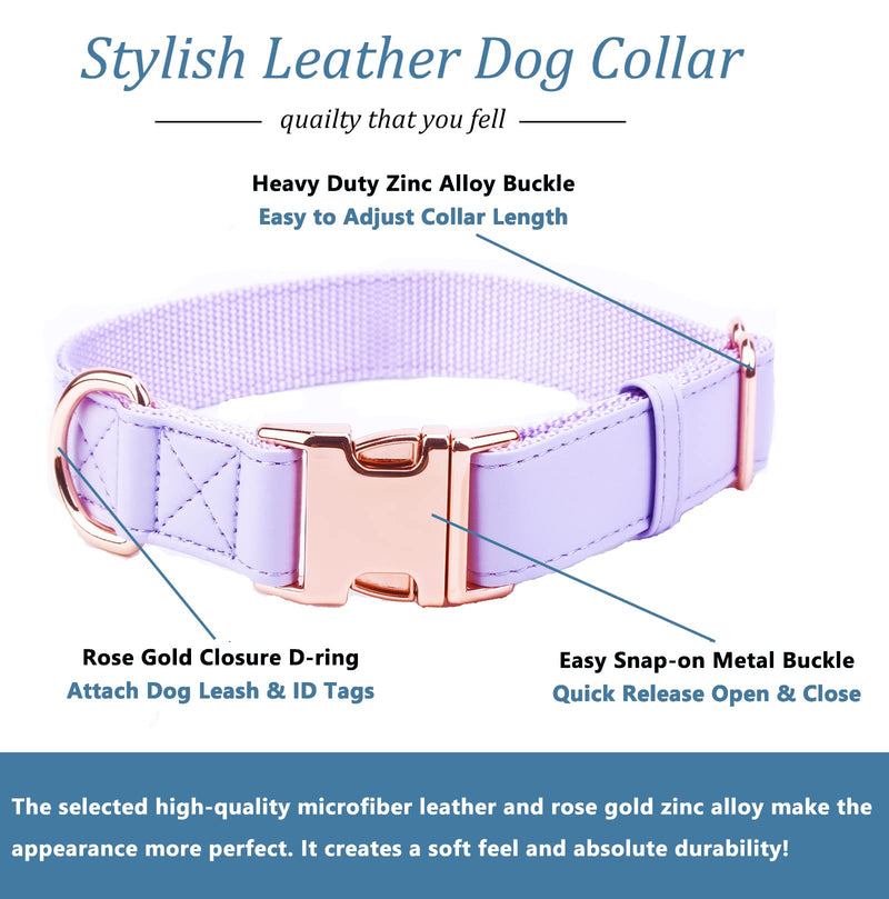 Dog Collar and Leash Set.Soft and Easy to Clean Vegan Leather with Rose Gold Metal Buckle for Small Medium Large Dogs (XS(8"-12"), Light Purple) XS(8"-12")