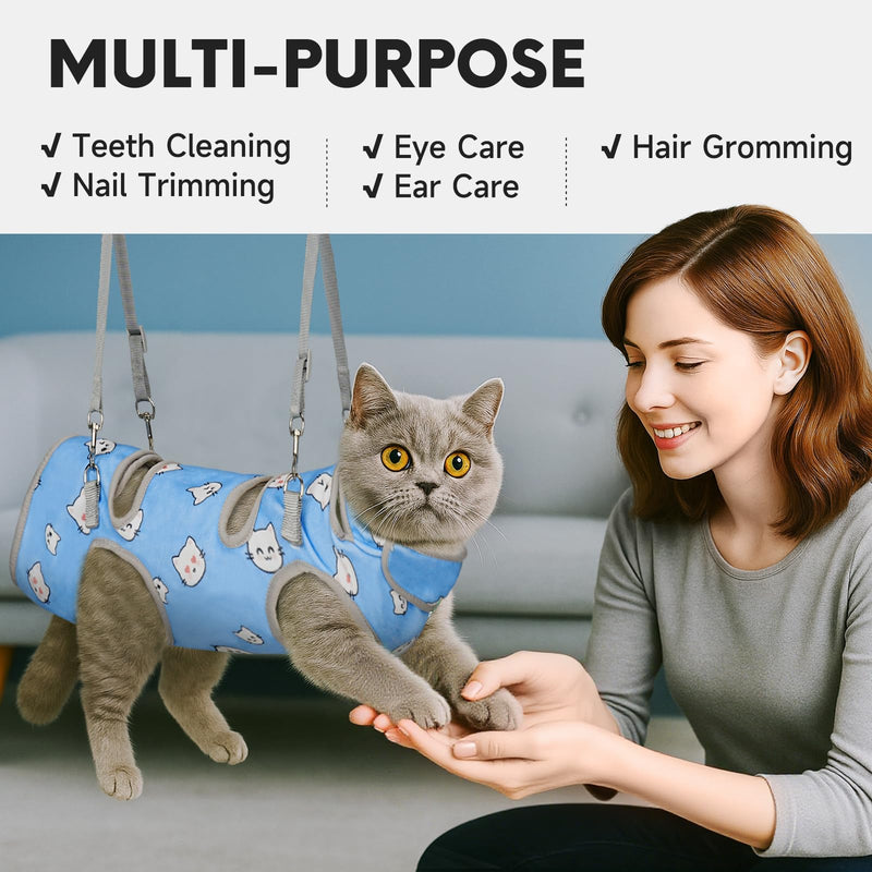 Supet Cat Grooming Hammock, Soft Fabric Nail Clipper Hammock, Self-Adhesive Wrap for Cutting Nails, Quickly Calm Down for Medicine, Teeth Brushing, Ear Cleaning S ( Weight：3-8LB ) BlueCat