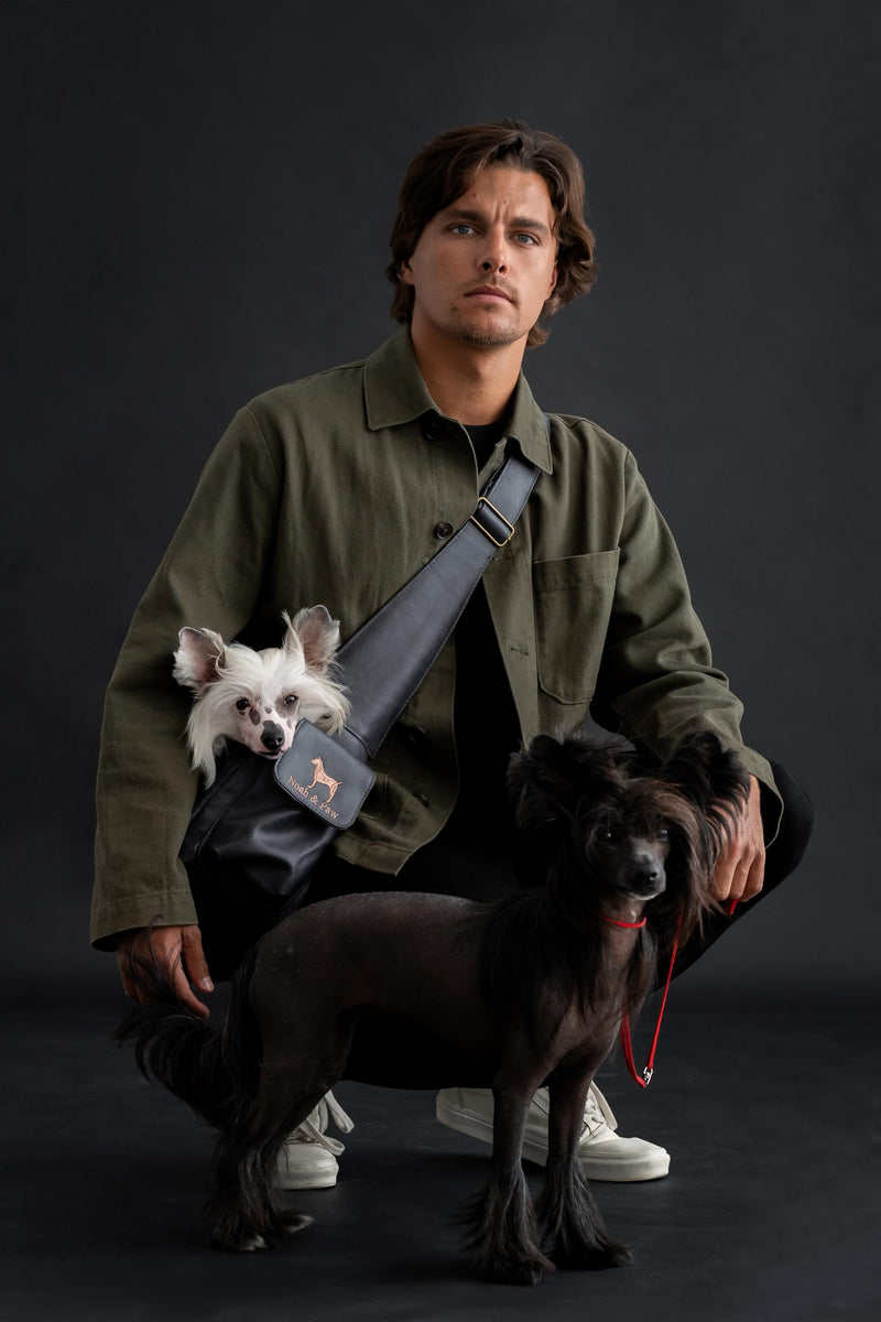 Noah & Paw Dog Sling Carrier for Small Dogs 5-18lb, Dog Sling for Small Dogs and Cats, Dog Carrier with Adjustable Padded Strap, Vegan Leather Lined with Fur, Double Safety Feature, Machine Washable Charcoal 18.0"L x 10.0"W x 6.5"H - PawsPlanet Australia