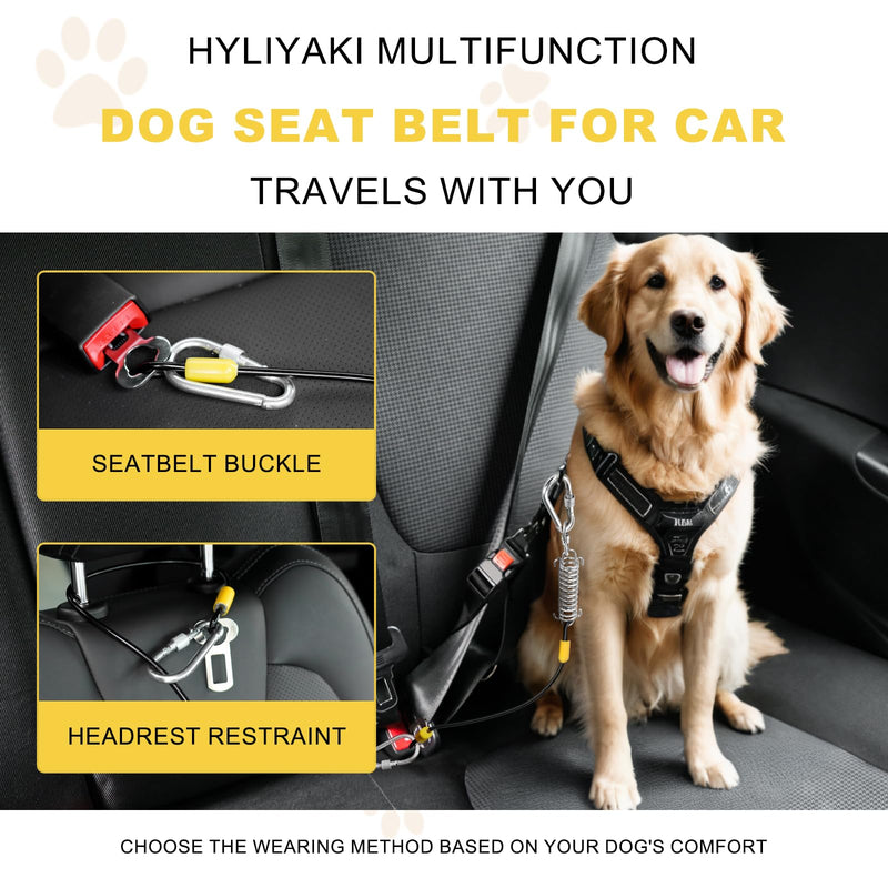 Dog Seat Belt Harness for Car, 5-in-1 Coated Wire Dog Seatbelt, HYLIYAKI Shock Spring-Loaded No Chew Pet Dog Car Seatbelt Leash, with Removable Reflective Short Leash(Black, 24 inch/60 CM) 1 Pack Black+Yellow - PawsPlanet Australia