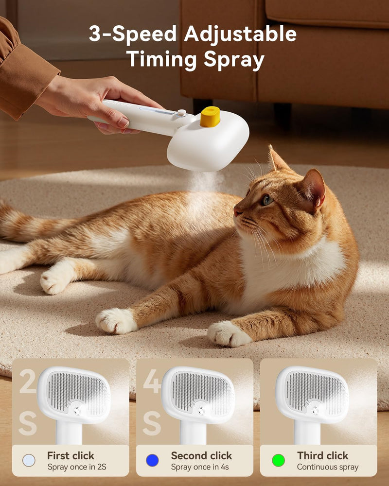 ROJECO 3-in-1 Pet Steam Brush for Cats&Dogs-Pet Spray Hair Removal Detangling Comb with Adjustable Mist,Handheld Deshedding Grooming Tool for Long/Short Hair,Massage Brush & Shedding Control,Cordless White - PawsPlanet Australia