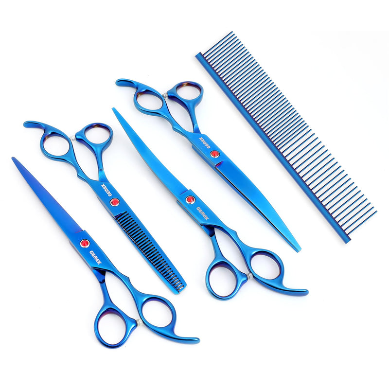 7.0in Titanium Professional Pet Grooming Scissors Set, GEMEK 6 in 1 Straight & Thinning & Upwards Curved & Downwards Curved Scissors & Comb for Dogs, Cats (Blue) Blue 6 in 1 7inch - PawsPlanet Australia