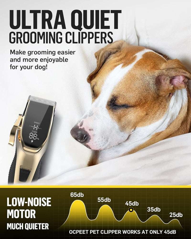 Dog Grooming Kit Low Noise?Cordless 4 in 1 Dog Clippers for Grooming Rechargeable Pet Cat Trimmer with 2 Speed,6 Guards,Scissors,Comb for Small Medium Large Pets Dogs Cats Thick Hair Cutting(Gold) Gold