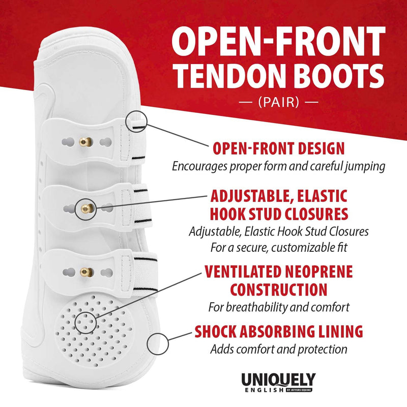 Jeffers Uniquely English Open Front Tendon Boots for Horses, Pair – Ventilated Neoprene Horse Leg Protection for Tendons & High Impact Support, Jumping & Competition Riding Boots for Horses White Large