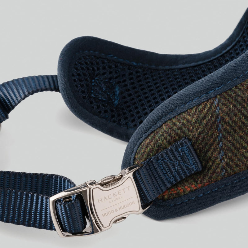 HUGO & HUDSON x HACKETT Tweed Dog Harness Adjustable No Pull Vest, Dark Green Checked Herringbone XS