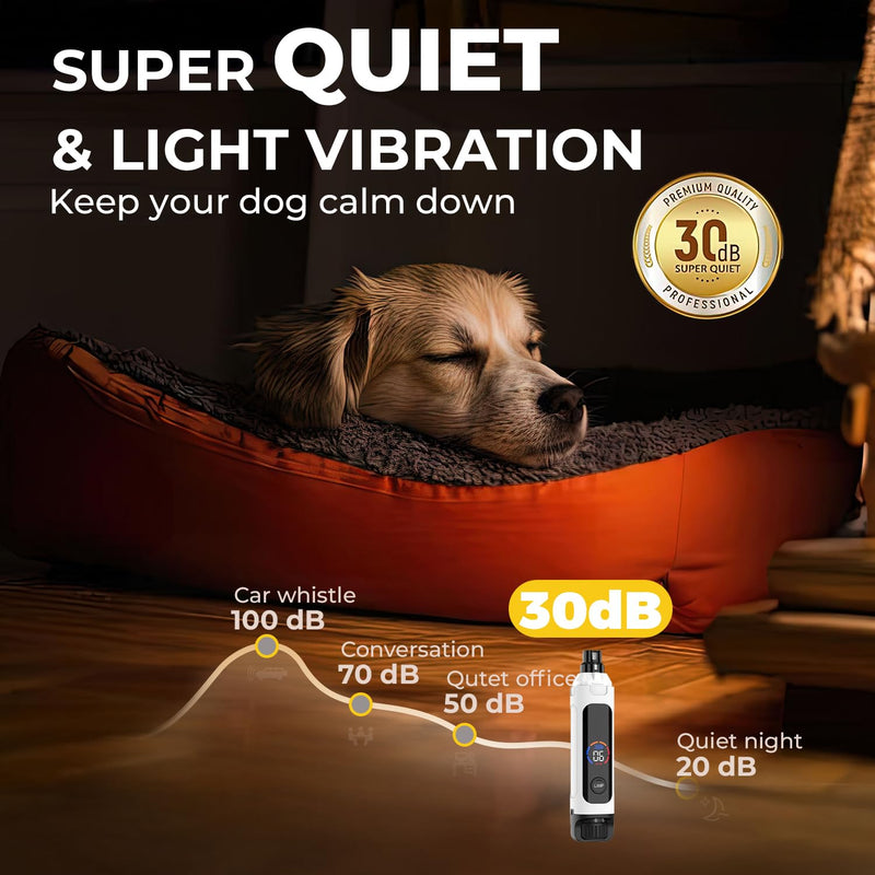 Dog Nail Grinder 6-Speed with LED Display, Dog & Cat Nail Clippers and Trimmers, Pet Nail Grinder with 2 LED Lights - Super Quiet Rechargeable Claw Trimmer for Large Medium Small Puppy Dogs/Cats White
