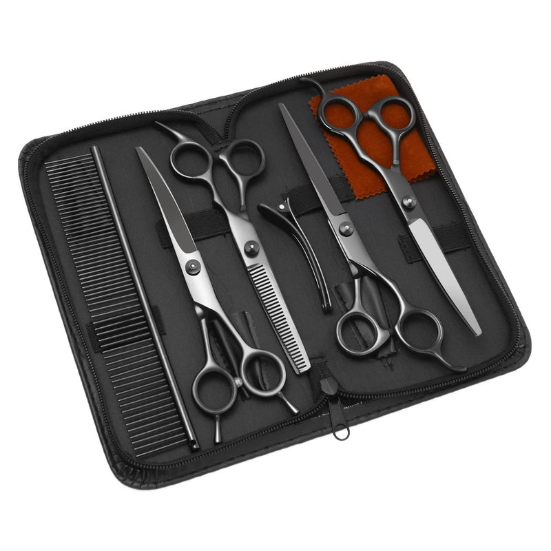 8.0 in 9CR Titanium Professional dog grooming scissors set,Grooming Scissors for Dogs Cats,Pet nail clippers,Shears, Straight,Curved,Thinning Shears,Comb for Full Body,Face, Nose,Ear,Paw Black - PawsPlanet Australia