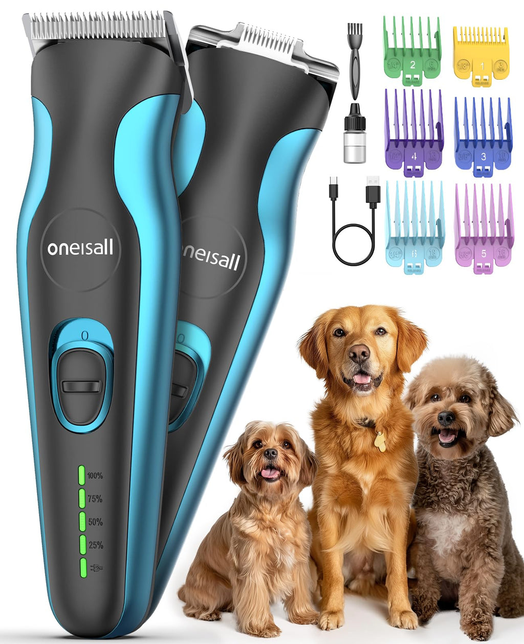 oneisall Dog Clippers for Grooming and Paw Trimmer Double Blades, Quiet Rechargeable Cordless Dog Hair Clippers with Stainless Steel Blade Dog Grooming Kit for Thick Coats Small Large Dogs, DTJ 002