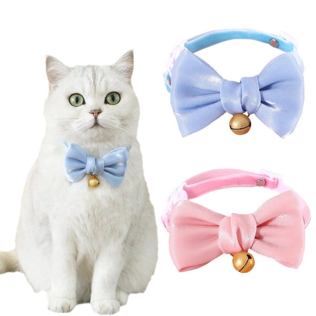 Handmade 2 Pack Satin Cute Breakaway Cat Collars with Bells and Bowtie for Cats, Pink & Blue Cat Kitten Collar for Cats Kittens Kitties Puppies Rabbits - PawsPlanet Australia