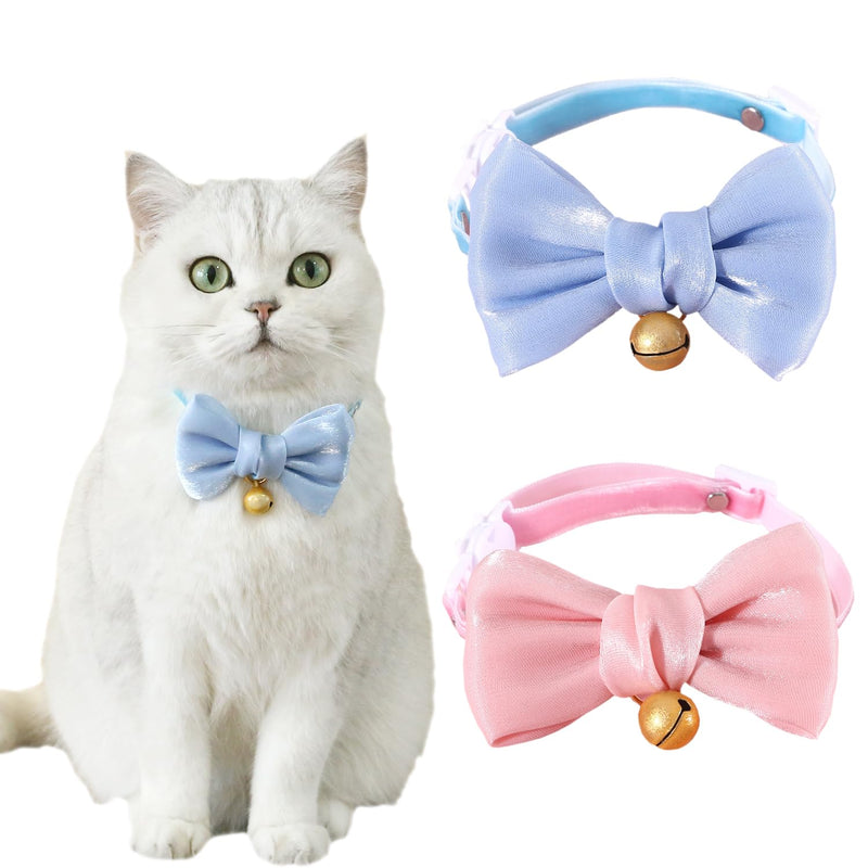 Handmade 2 Pack Satin Cute Breakaway Cat Collars with Bells and Bowtie for Cats, Pink & Blue Cat Kitten Collar for Cats Kittens Kitties Puppies Rabbits - PawsPlanet Australia