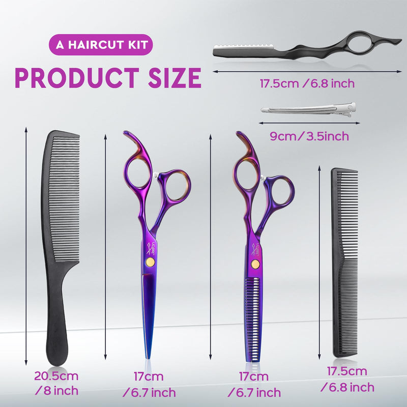 JASON Hair Scissors Professional - 10 PCS Haircut Scissors Set, Thinning Shears for Hair Cutting with 30 Teeth, Straight Shears for Men Women Home Salon Barber (6.7", Purple) 6.5inch-purple - PawsPlanet Australia