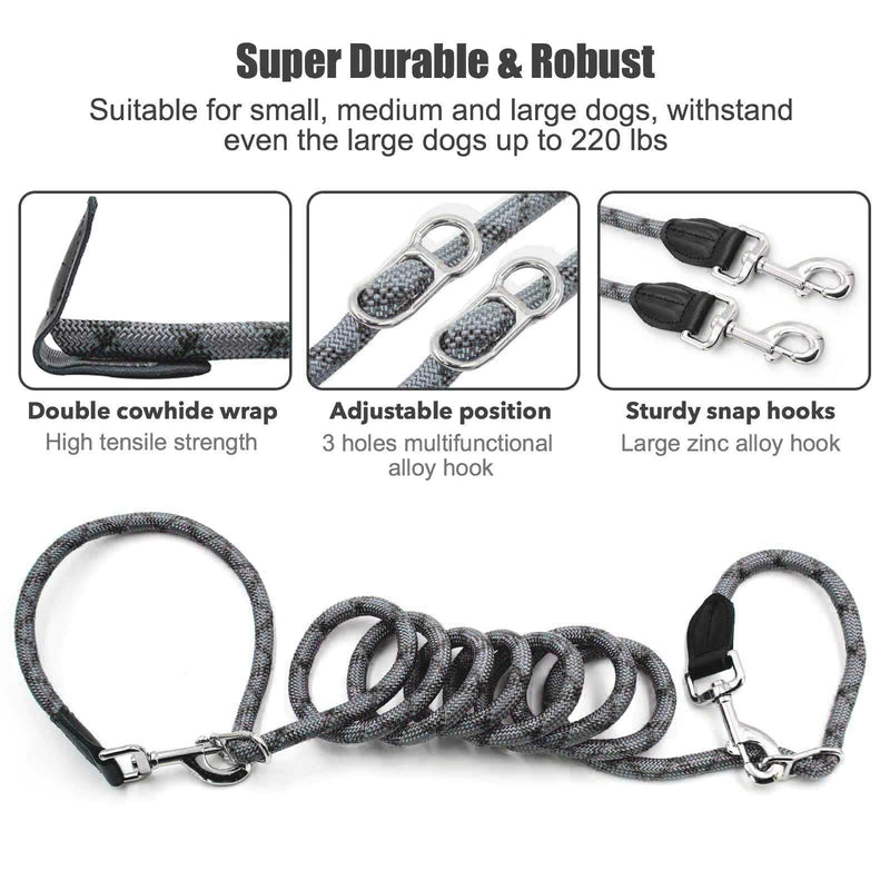 Hands Free Dog Leash(8.5ft), 8 in 1 Multifunction Nylon Double Leash for Dogs,1.2cm Dog Training Leash with Reflective Stitching, Adjustable Waist Dog Leash Fits All Waist for Medium Large Dogs-Grey Grey - PawsPlanet Australia