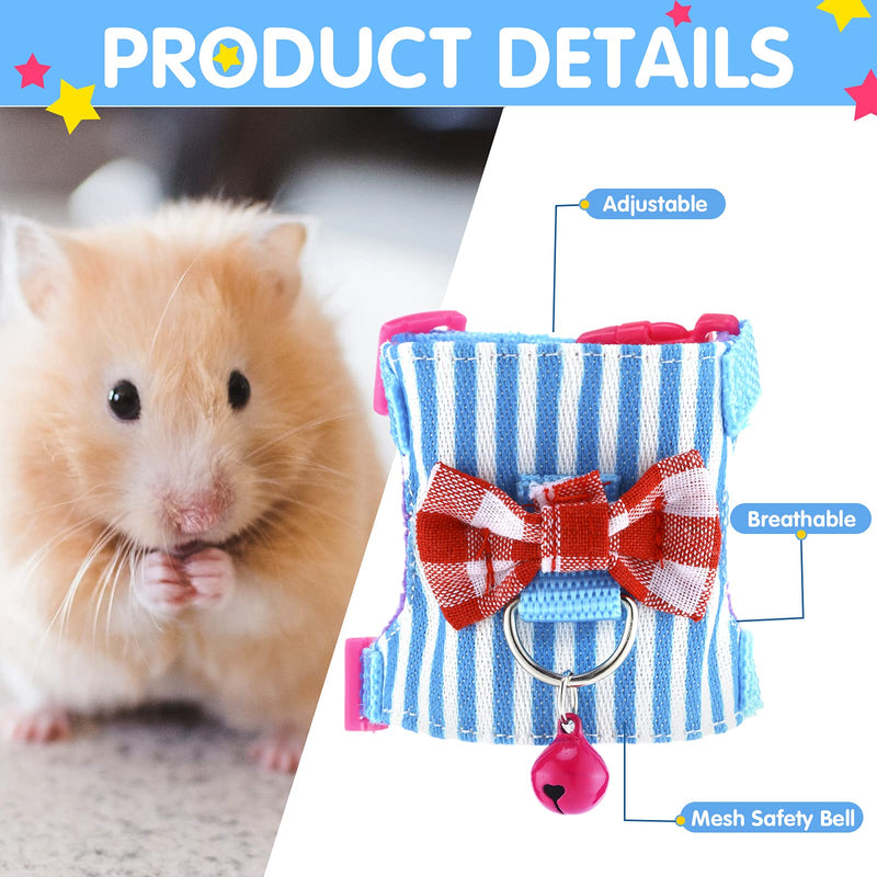 2 Pieces Hamster Harness and Leash Set for Walking, Small Guinea Pig Clothes with Bowknot Bell, No Pulling Comfort Padded Vest Striped for Guinea Pig Hamster Ferret, Small Animals (Blue, Pink,S) S Blue, Pink