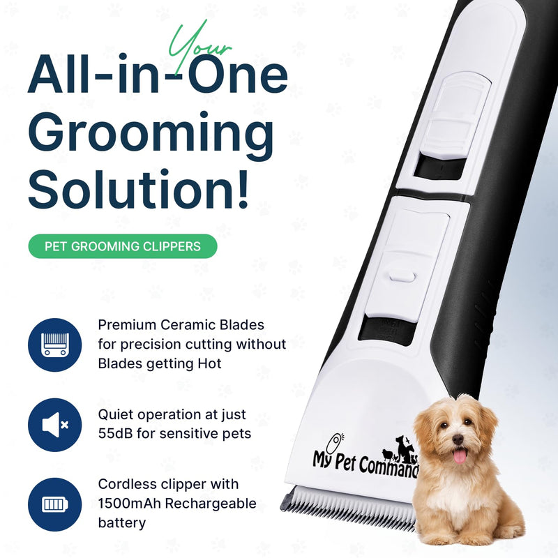 My Pet Command Professional Dog Clippers for Grooming, Cordless Rechargeable Pet Trimmers, Heavy Duty Dog Clippers for Thick Coats, Low Noise, Light Weight - PawsPlanet Australia