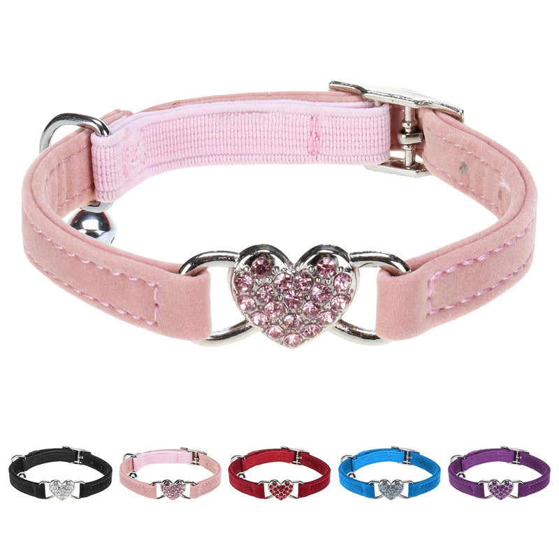 BINGPET Diamond Cat Collar,Adjustable Soft Velvet Leather Safe Kitten Collar with Crystal Heart Charm and Bells,Girl Boy Bling Stylish Cat Collars with Safety Elastic (Pink, Neck Girth 8"-10") Neck Girth 8"-10" Pink