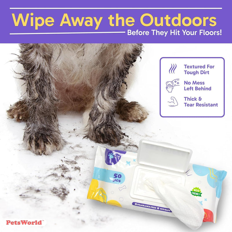 PETSWORLD Pet Wipes for Dogs & Cats, Unscented, Hypoallergenic, Chemical-Free, Biodegradable (98%), Thick & Durable, Textured Grooming Wipes (Unscented, 50 Count) - PawsPlanet Australia