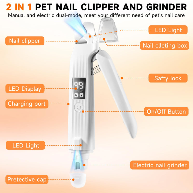 2 in 1 Dog Nail Clippers Electric Grinder Dogs Cats Trimmers Claw Nail Care Tool Cordless Rechargeable Pets Nail Trimmer with LED Lights Low Noise Pet Electric Grinder Storage Bag Include