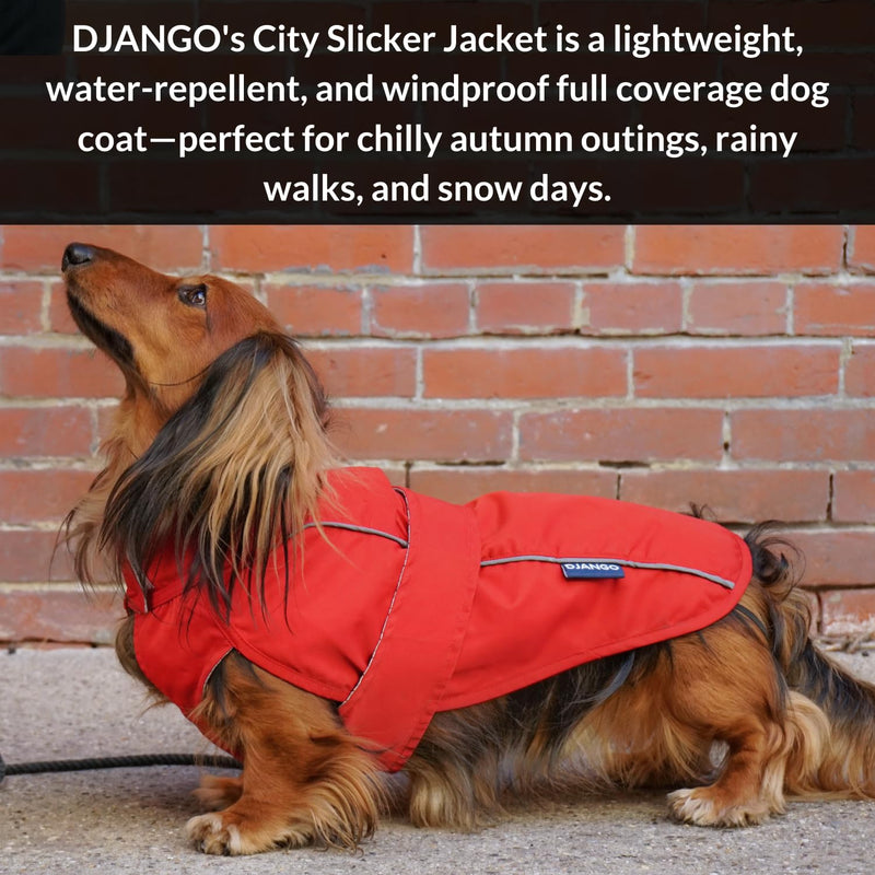 DJANGO Dog Jacket & Raincoat – Lightweight Water-Resistant Coat for Small, Medium & Long Dogs Like Dachshunds – Reflective, Adjustable Fit, Harness-Compatible & Easy-Access Harness Hole - Red, Large Cherry Red - PawsPlanet Australia
