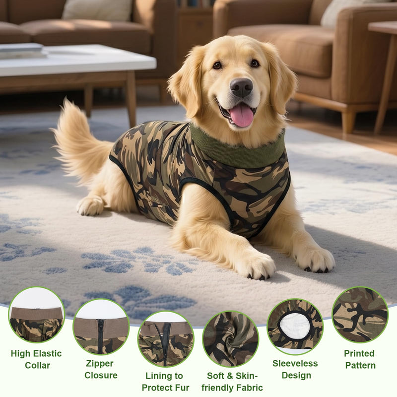 FEimaX Dog Surgery Recovery Suit, Anti-Licking Soft Dog Surgical Recovery Suit Female Male, Pet Zip Post-Op Bodysuit Abdominal Wounds Protector Cone E-Collar Alternative for Medium Large Dogs L Camouflage