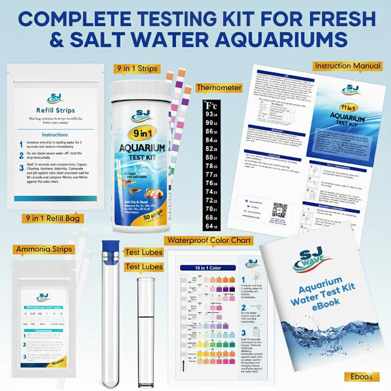 11 in 1 - Aquarium Test Strips | 950 Tests - 150 Strips | Fish Tank Aquariums Water Test Kit & ebook | Aquarium Thermometer | Fish Tank Water Testing Kit Includes 50 Ammonia Strips | Versatile Usage 11 - PawsPlanet Australia