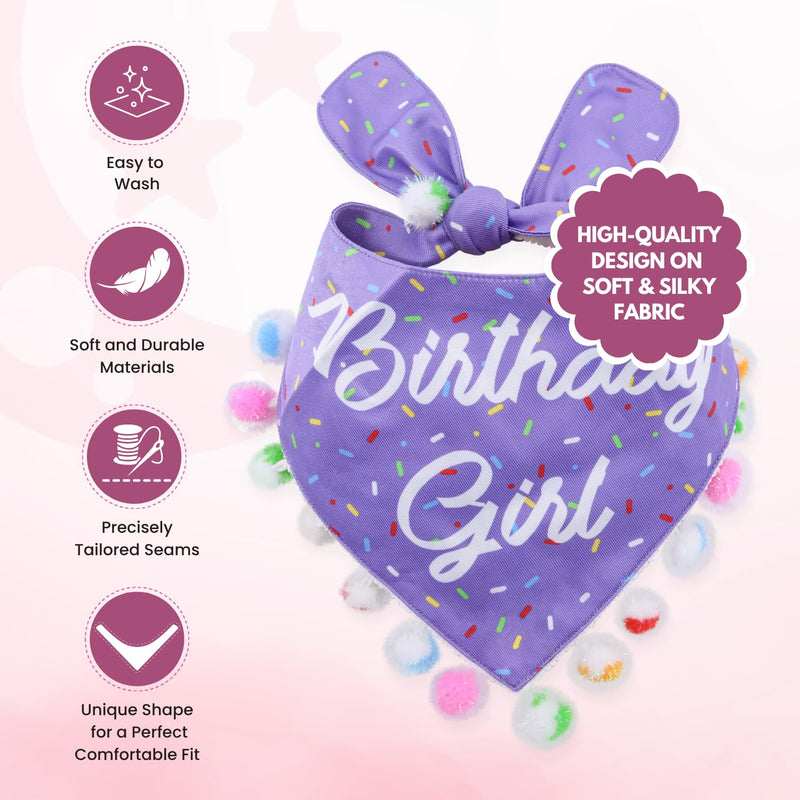LunaMarie - Luxury Pet Birthday Bandanas -Premium & Silky Poly Fabric | 100% Handmade | Custom Shape Dual Layered (Birthday Girl Purple, X-Small) - PawsPlanet Australia