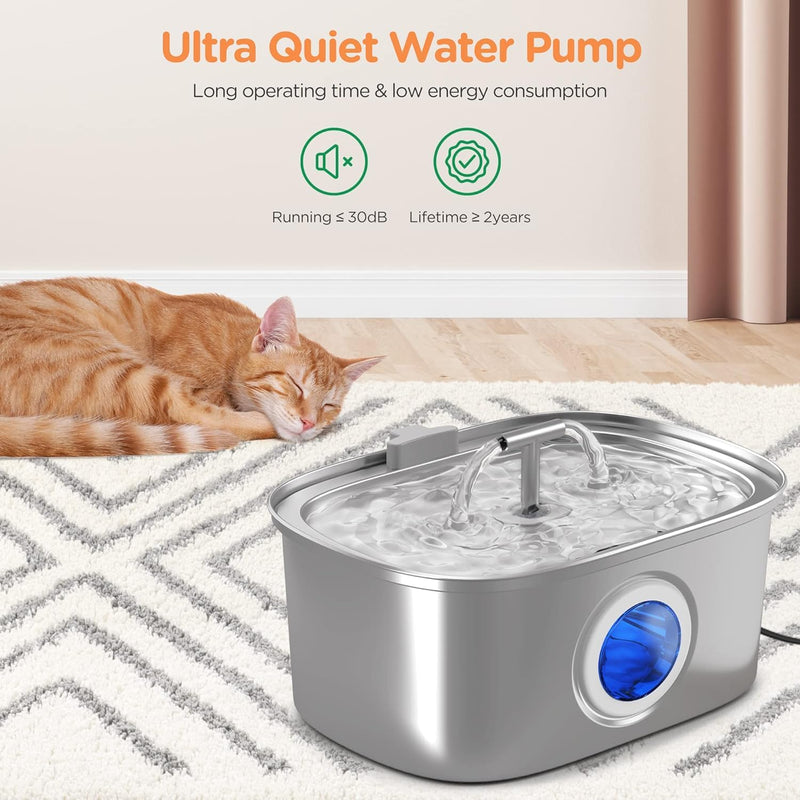 Cat Water Fountain Stainless Steel: 108oz/3.2L Cat Fountain for Drinking with Filter - Pet Water Fountains for Cats Inside - Automatic Cat Feeding & Watering Supplies - Water Level Window Fountain + 4 Filters & 4 Sponges - PawsPlanet Australia