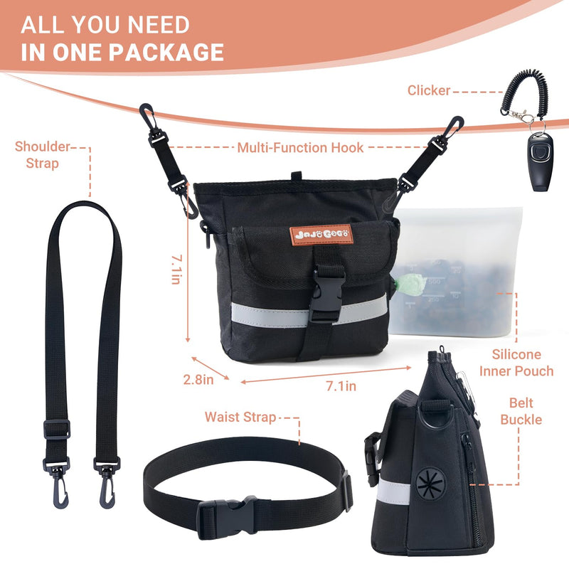 JOJOGOGO Dog Treat Pouch with 4 Cup Removalbe Silicone Bag, Magnetic Closure Treat Pouches for Pet Training and Walking, Dog Training Treat Pouch with Clicker, Puppy Snack Bag and Poop Bag Holder Black normal