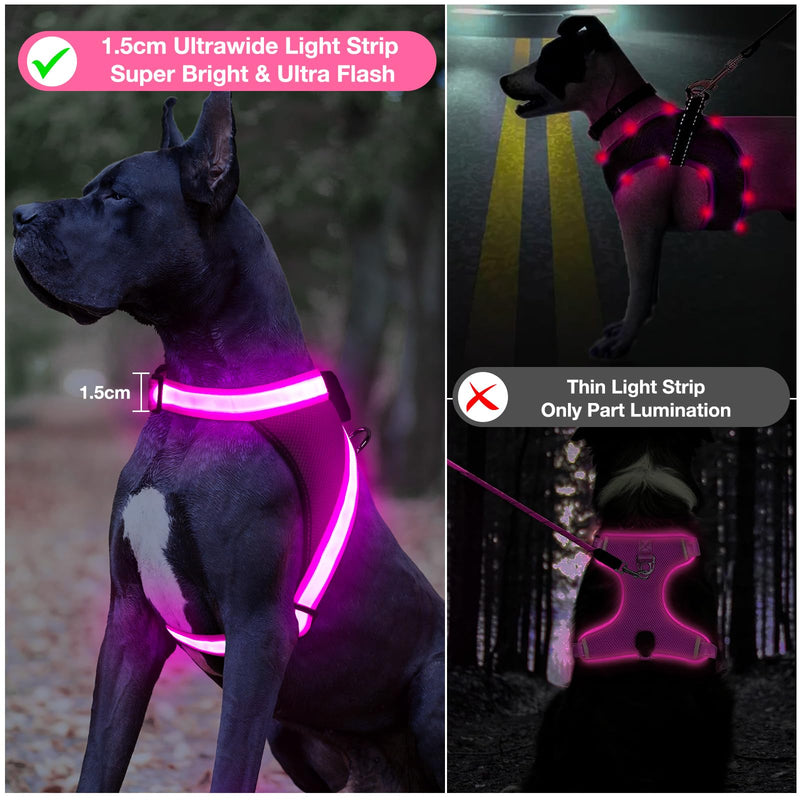 ChalkLit Light Up Dog Harness, No Pull Led Dog Harness Glow-in-The-Dark for Night Walking, USB Rechargeable Lighted Safety Vest for Medium Large Dogs, Adjustable Soft Mesh Fully Illuminated (Pink, M) Pink - PawsPlanet Australia