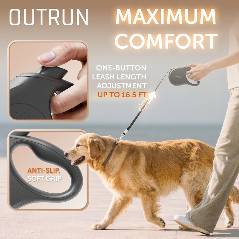 OUTRUN Retractable Dog Leash 16 FT Walking Leash up to 55 Lbs, Strong Nylon Tape No Tangle, Heavy Duty One-Handed Brake Lock Perfect for Small & Medium Sized Dogs and Pets (Starlight Black) - PawsPlanet Australia