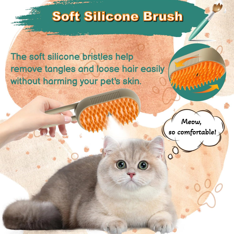 Steam Cat Cordless 3-in-1 Silicone Massaging Grooming Brush With Built-in Lithium Battery, Removes Static and Flying Pet Hair for Cats and Dogs (Beige) Beige - PawsPlanet Australia