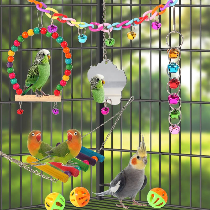 Bird Toys for Parakeets, Parrots, Conures, Cockatiels, Love Birds, Finches, Mynah, Budgerigar - 9Pcs Wooden Ladder Bridge, Swing, Hammock, Cage Accessories - PawsPlanet Australia