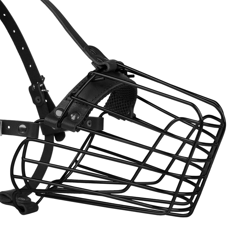 German Shepherd Dog Muzzle Metal Basket for Medium Large Dogs Adjustable Durable Leather Straps Secure Wire Mask for Biting Chewing Barking (Black, L - Size)