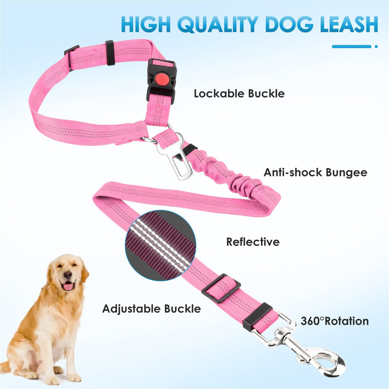 Lukovee Dog Seatbelt Leash for Cars, 2 Pack Pet Safety Car Seat Belt with Adjustable Buckle & Reflective Bungee, Connect Dog Harness in Vehicle Car Dogs Restraint Travel Daily Use (Pink) A-Pink A- Headrest with Clip + 2 in 1 Seat Belt