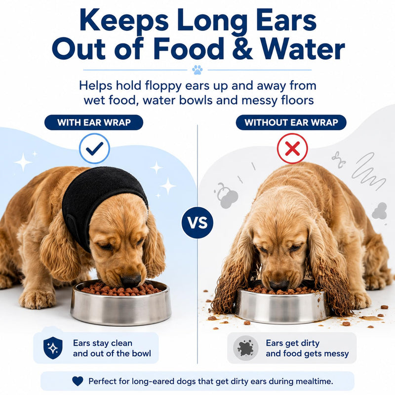 Dog Calming Hood for Noise Reduction, Long Ear Dog Snood for Eating & Drinking, Soft Stretch Ear Cover for Thunder, Fireworks, Grooming, Vet Visits & Car Rides (Black, L) Black