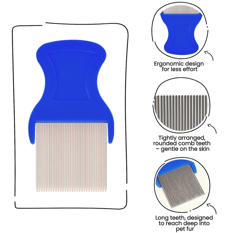 5 Pack Flea & Lice Comb Set for Cats, Dogs & Kids – Stainless Steel Fine Tooth Nit Comb Kit with Double-Sided Tear Stain Remover, Grooming Brush & Peine para Piojos for Thick Hair (Blue) Blue 1-Pack