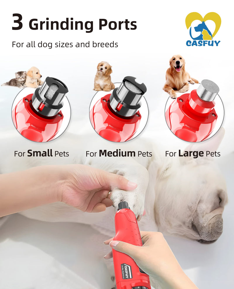 Casfuy Dog Nail Grinder Quiet - (45db) 6-Speed Pet Nail Grinder with 2 LED Lights for Large Medium Small Dogs/Cats, Professional 3 Ports Rechargeable Electric Dog Nail Trimmer with Dust Cap(Red) A-Red