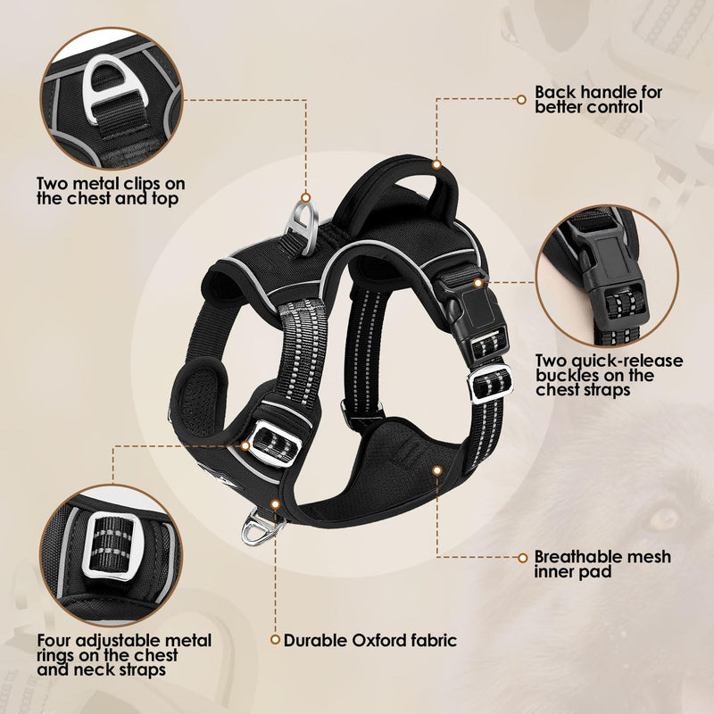 SlowTon No Pull Dog Harness, Heavy Duty No Choke Pet Harness with 2 Leash Clips and Easy Control Vertical Handle, Adjustable Soft Padded Dog Vest for Small, Medium and Large Dogs(Black,X-Large) X-Large(Chest 19.7''-37'') A-Black - PawsPlanet Australia