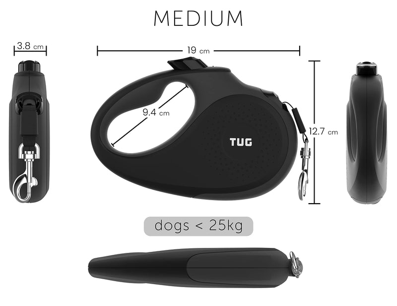 TUG 360° Tangle-Free Retractable Dog Lead for Up to 25 kg Dogs | 5 m Strong Nylon Tape/Ribbon (Medium, Black) Medium - PawsPlanet Australia