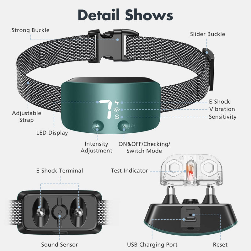 NBJU Bark Collar for Dogs,Rechargeable Anti Barking Training Collar with 7 Adjustable Sensitivity and Intensity Beep Vibration for Small Medium Large Dogs (Blackish Green) - PawsPlanet Australia